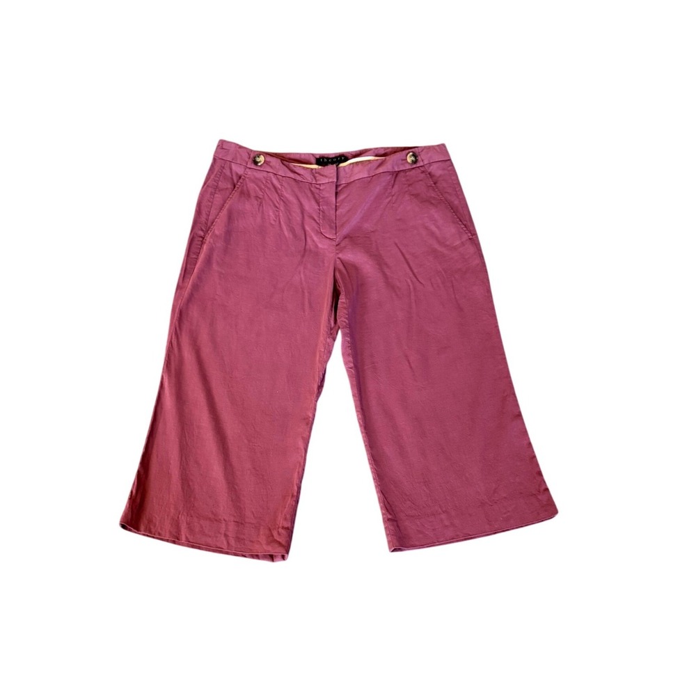 Theory Womens Crop Pants Linen Viscose Spandex Berry Pink SZ 12 Relaxed Trousers